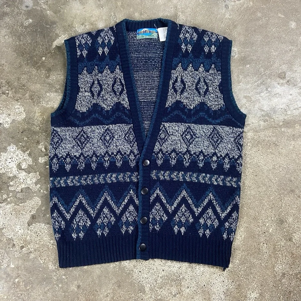 Vintage 80s Woodland Trail Sweater Vest Size Large Blue Button Down Cardigan